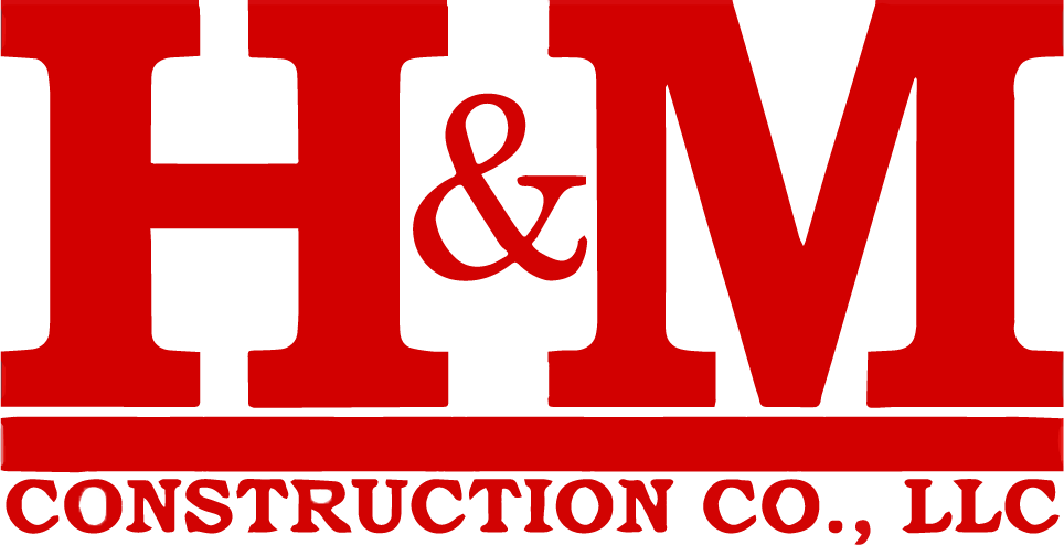 A red and green logo for h & m construction company.