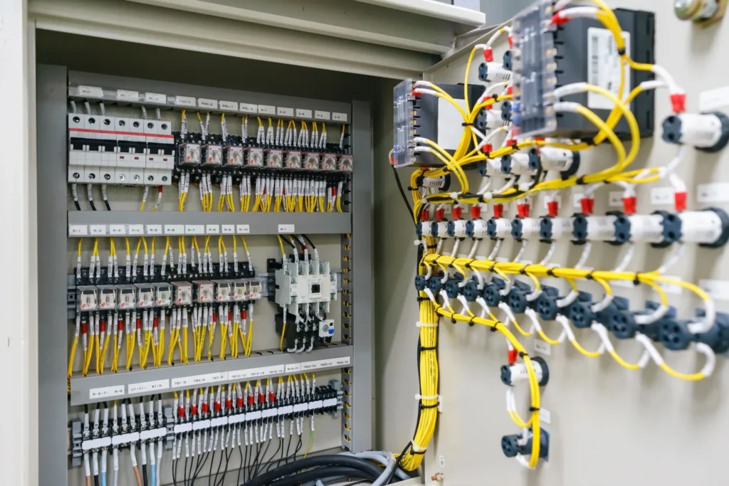 A large electrical panel with many wires and cables.