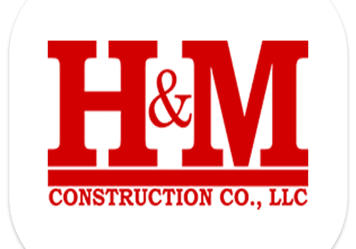 A red and white logo of h & m construction co.